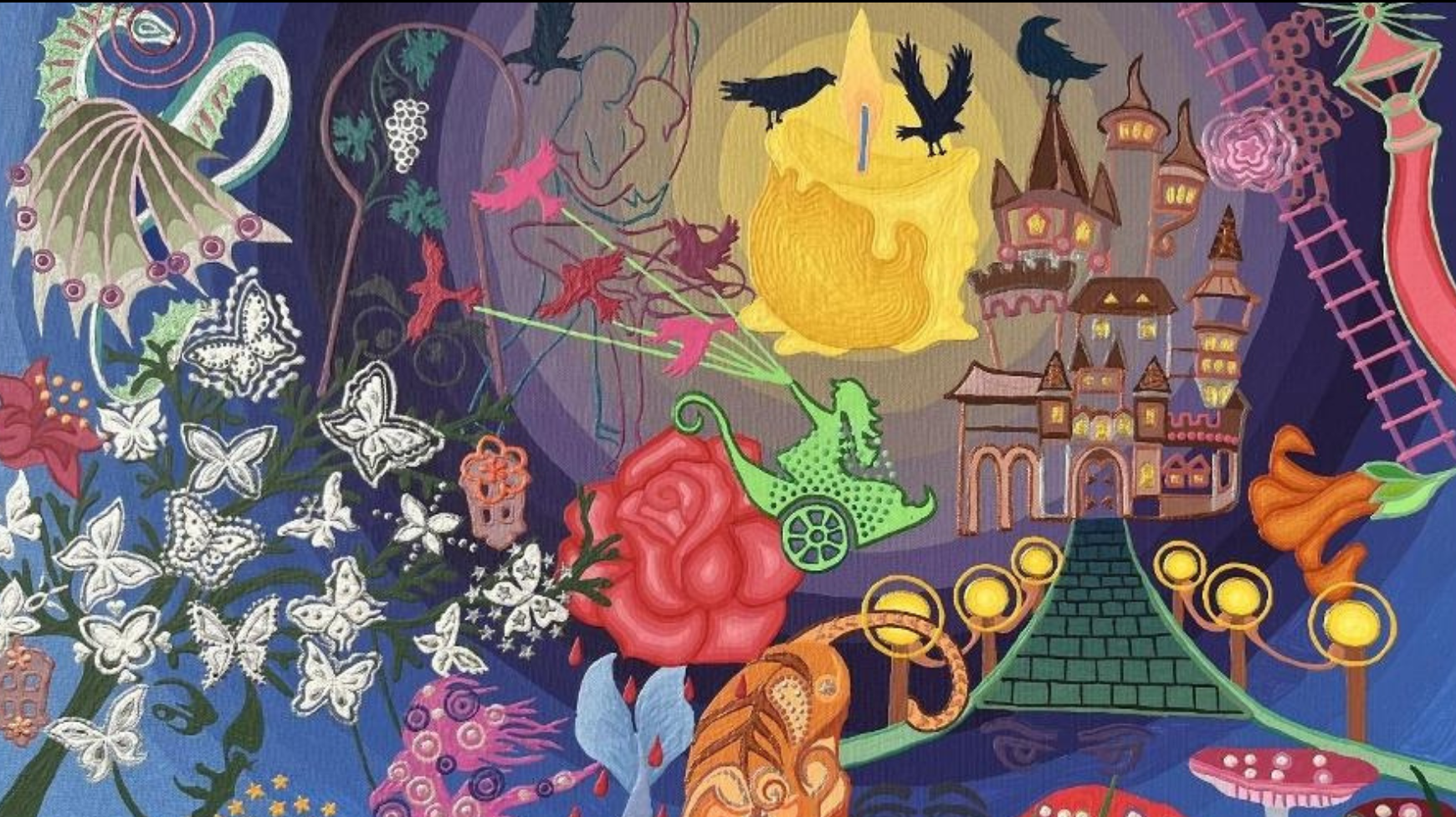 Buntes, detailreiches Kunstbild mit surrealen und märchenhaften Elementen: In der Mitte wächst ein rotes, anatomisch wirkendes Herz aus einer Pflanze, aus dem rote Tropfen fallen. Darum herum sind zahlreiche fantasievolle Motive angeordnet, darunter weiße Schmetterlinge, exotische Blumen, ein Oktopus, ein stilisierter Leopard sowie rote Pilze mit weißen Punkten. Im oberen Bereich leuchtet eine große gelbe Kerze, umgeben von fliegenden schwarzen Vögeln. Rechts steht eine märchenhafte Schlossarchitektur mit Türmen und beleuchteten Fenstern. Das Bild ist geprägt von kräftigen Farben, organischen Formen und einer traumartigen, symbolischen Atmosphäre.