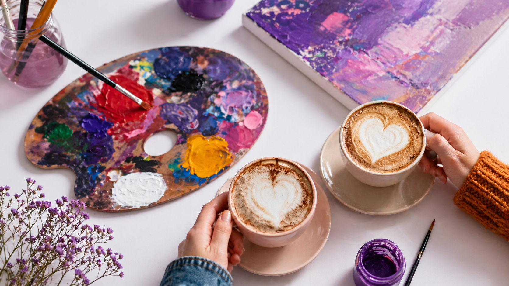 Auf einem hellen Tisch liegt eine bunte Malpalette mit verschiedenen Farbflecken, daneben Pinsel und ein kleines bemaltes Kunstwerk. Zwei Hände halten Tassen mit Cappuccino, in deren Milchschaum jeweils ein Herz zu sehen ist. Umgeben ist die Szene von weiteren Malutensilien und kleinen dekorativen Blumen. Die Atmosphäre wirkt gemütlich, künstlerisch und einladend.