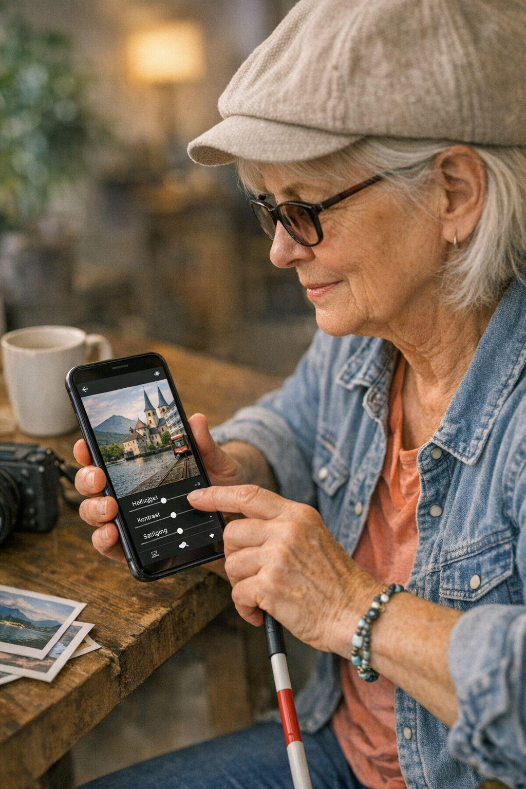 Das Foto zeigt eine ältere Frau im Profil von der Seite, die an einem Holztisch sitzt und konzentriert auf ihr Smartphone blickt. Sie hat graue Haare, trägt eine helle Schirmmütze (Baker-Boy-Mütze), eine Brille mit dunklem Gestell, eine Jeansjacke über einem lachsfarbenen T-Shirt und ein Perlenarmband am Handgelenk. In ihrer linken Hand hält sie einen weiß-roten Blindenlangstock, während sie mit der rechten Hand den Bildschirm ihres Smartphones bedient.