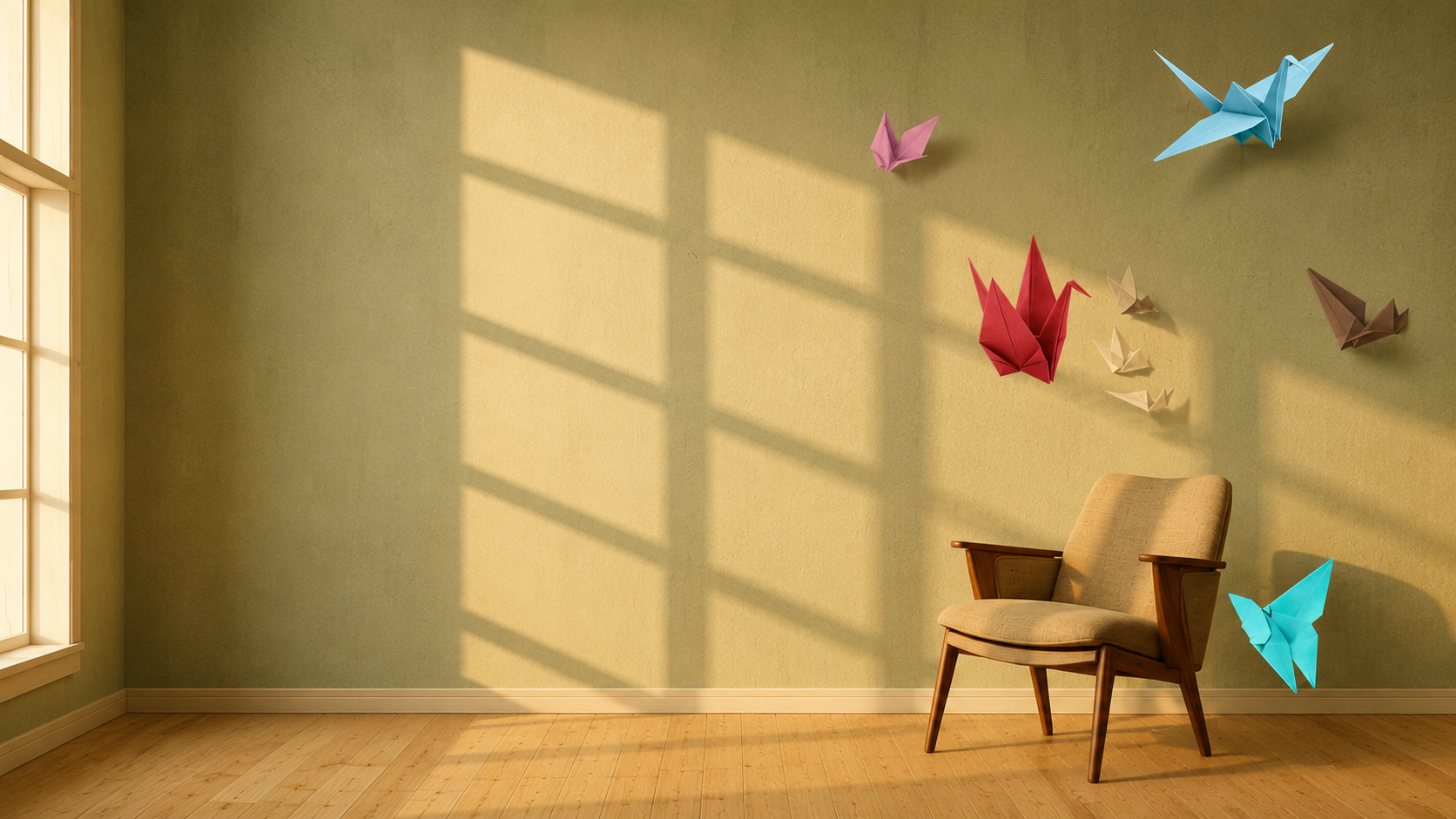 Heller, gemütlicher Ausstellungsraum mit warmem Sonnenlicht, das durch ein Fenster fällt und geometrische Schatten auf eine beige Wand wirft. An der Wand hängen mehrere farbenfrohe Origami-Kraniche in Blau, Rot, Rosa, Braun und Türkis. Rechts steht ein gemütlicher Vintage-Sessel aus Holz und Stoff. Die ruhige, warme Atmosphäre lädt zum Verweilen und Betrachten der Kunst ein.